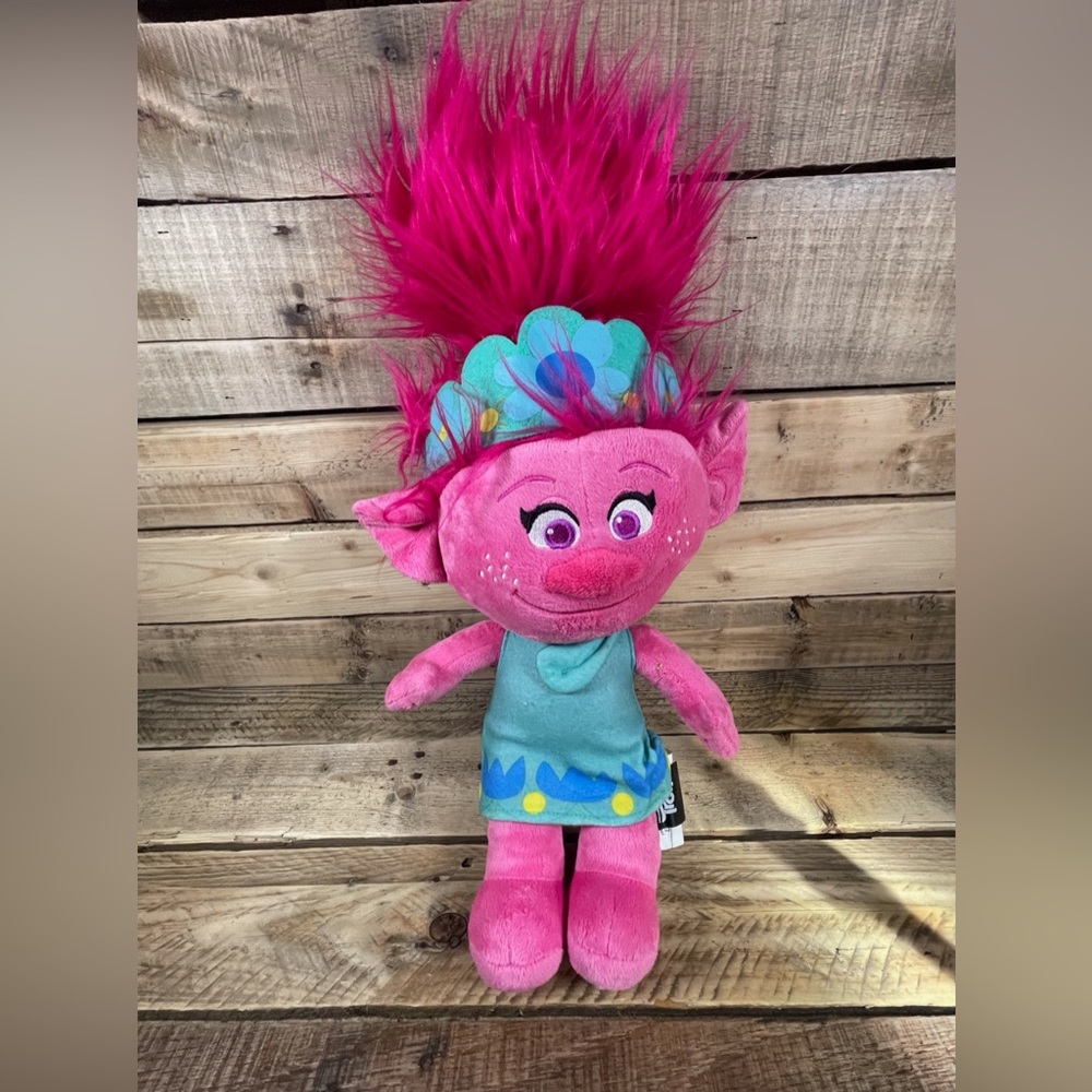 Trolls Poppy Plush Dreamworks 20” Pink Fur Hair Blue Dress Movie Stuffed Animal